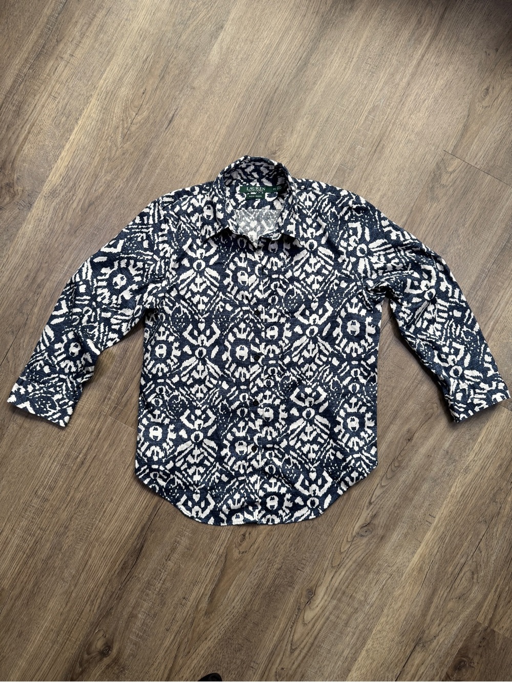 Lauren Ralph Lauren Navy and White Print Button-Down 3/4 Sleeve Shirt - Small P